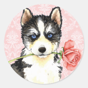 Sticker Rond Chien de traîneau de rose de Valentine