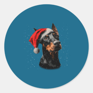 Sticker Rond Chien Doberman Amusant Lumières de Noël Chapeau de
