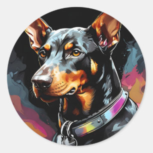 Sticker Rond Chien Doberman sur Noir