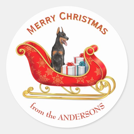Sticker Rond Chien Dobermann traîneau de Noël (Devant)