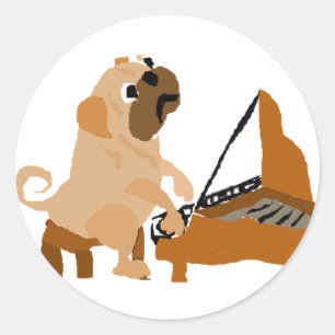 Sticker Rond Chien drôle de carlin jouant le piano
