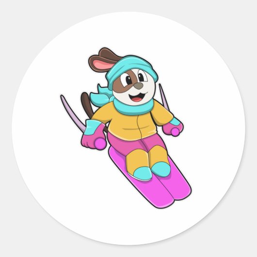 Sticker Rond Chien en Skier avec Ski & Scarf (Devant)