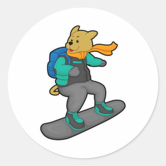Sticker Rond Chien en Snowboardeur avec Snowboard & Backpack (Devant)