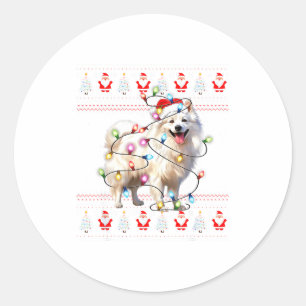 Sticker Rond Chien Esquimau Américain Xmas Lumières Pull Ugly C