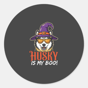 Sticker Rond Chien Esquimau d'Halloween est mon Chapeau de Sorc