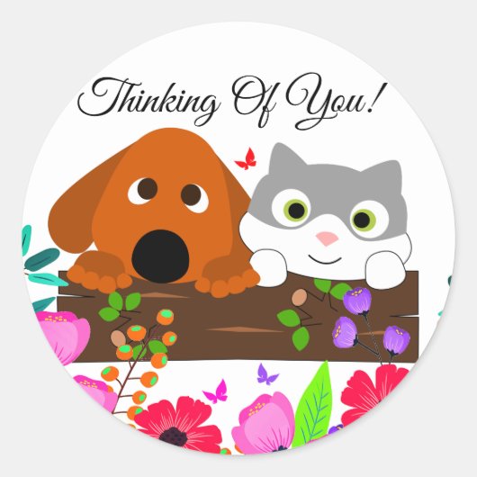 Sticker Rond Chien Et Chat Cute Avec Fleurs Et Papillon (Devant)