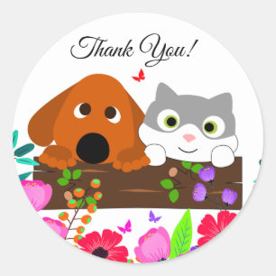 Sticker Rond Chien Et Chat Cute Avec Fleurs Et Papillon