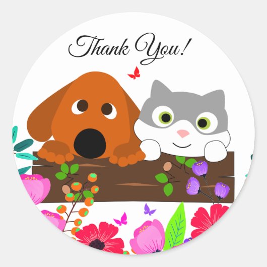 Sticker Rond Chien Et Chat Cute Avec Fleurs Et Papillon (Devant)