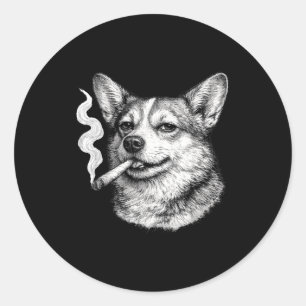 Sticker Rond Chien fumant cigarette drôle mème corgi fête des p