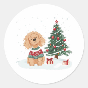 Sticker Rond Chien Goldendoodle de Noël