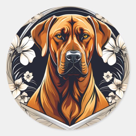 Sticker Rond Chien gracieux Rhodesian Ridgeback avec Floral (Devant)
