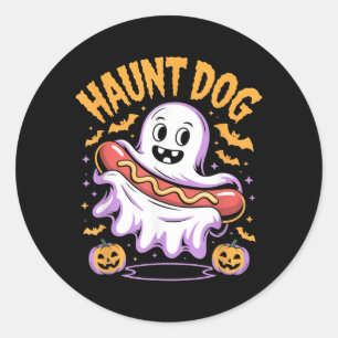 Sticker Rond Chien Hanté Drôle Fantôme Hotdog Halloween
