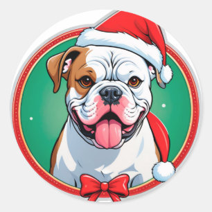 Sticker Rond Chien heureux à l'intérieur d'une couronne de Noël