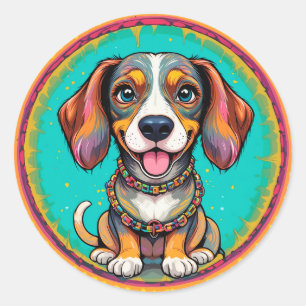 Sticker Rond Chien Heureux Avec un Collier Coloré