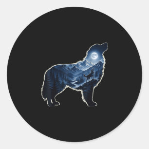 Sticker Rond Chien hurlant lune montagne forêt silhouette art