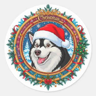 Sticker Rond Chien Husky Heureux à l'Intérieur d'une Couronne d