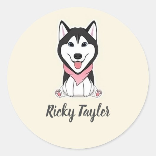 Sticker Rond Chien husky noir et blanc mignon (Devant)