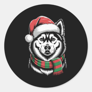 Sticker Rond Chien Husky Sibérien Chapeau Écharpe de Noël Santa