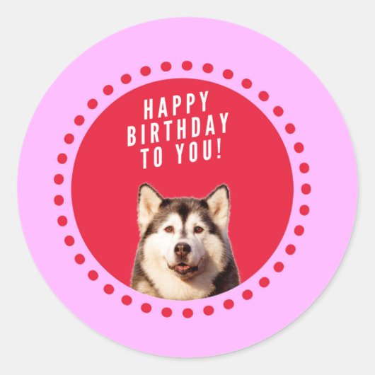Sticker Rond Chien Husky Sibérien mignon qui souhaite un joyeux (Devant)