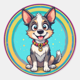 Sticker Rond Chien joyeux en caricature