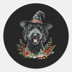 Sticker Rond Chien Labradoodle noir Halloween aquarelle