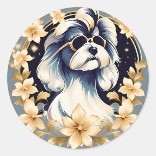 Sticker Rond Chien maltais avec lunettes de soleil