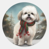 Sticker Rond Chien Malti Tzu à Noël de neige (Devant)