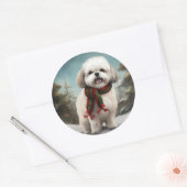 Sticker Rond Chien Malti Tzu à Noël de neige (Enveloppe)