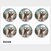 Sticker Rond Chien Malti Tzu à Noël de neige (Feuille)