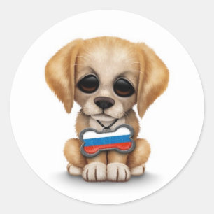 Sticker Rond Chien mignon avec drapeau russe Tag, blanc