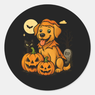 Sticker Rond Chien mignon d'Halloween avec citrouilles et chat