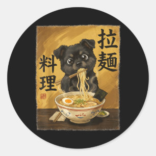 Sticker Rond Chien mignon mangeant des nouilles Ramen drôle Jap