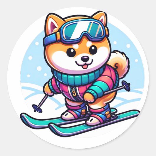 Sticker Rond Chien mignon Shiba ski en hiver (Devant)