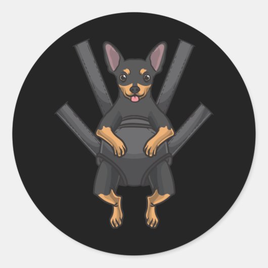 Sticker Rond Chien Miniature Pinscher Dans Un Transporteur (Devant)