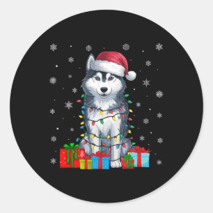 Sticker Rond Chien moche Noël éclaire Santa Hat Chien sibérien
