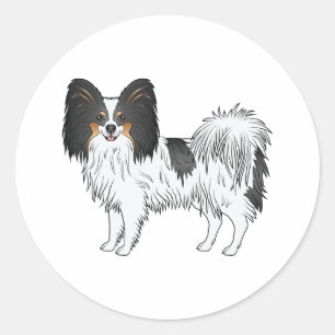 Sticker Rond Chien Papillon tricolore debout avec un visage heu