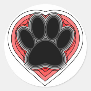 Sticker Rond Chien Paw Dans Le Coeur Rouge Avec Les Outlines