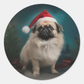 Sticker Rond Chien pekingese pendant Noël de neige (Devant)
