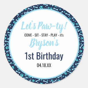 Sticker Rond Chien Personnalisé Anniversaire Bleu Empreinte de