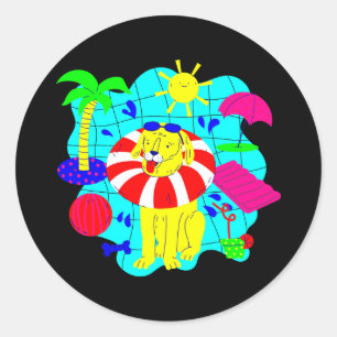 Sticker Rond chien piscine fête palmier été mignon drôle