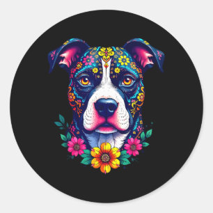 Sticker Rond Chien Pitbull Crâne de Sucre Mexicain Dia De Muert