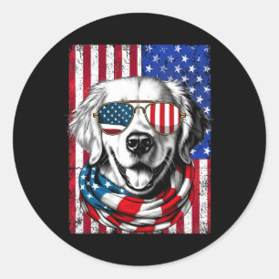 Sticker Rond Chien Retriever Doré 4 Juillet Drapeau Américain U