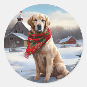 Sticker Rond Chien Retriever doré dans la neige Noël