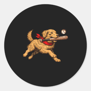 Sticker Rond Chien Retriever Doré Drôle Jouant au Baseball D