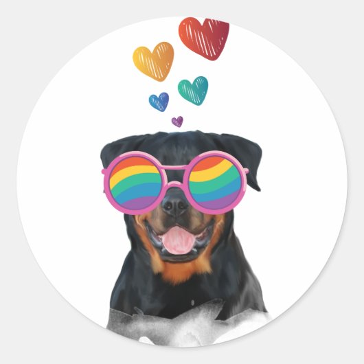 Sticker Rond Chien Rottweiler avec coeurs Saint-Valentin (Devant)
