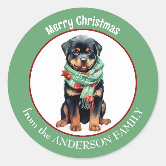 Sticker Rond Chien Rottweiler en rouge et vert Écharpe de Noël (Devant)