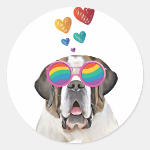 Sticker Rond Chien Saint-Bernard avec coeurs Saint-Valentin