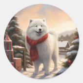 Sticker Rond Chien Samoyé à Noël de neige (Devant)