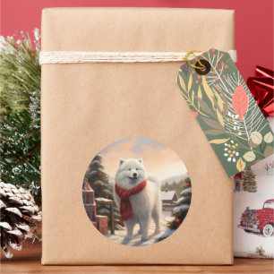 Sticker Rond Chien Samoyède dans la neige Noël