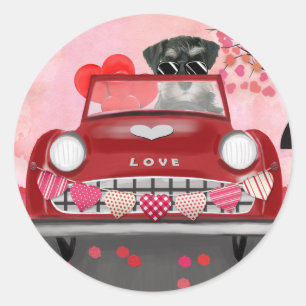 Sticker Rond Chien Schnauzer Voiture avec coeurs Saint-Valentin